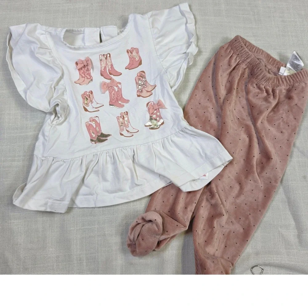 Cynthia Rowley Baby Girl Cowboy Boot Top and Corduroy Pants Set 12M Pink White